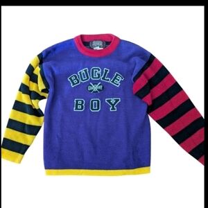 Vtg 90s Bugle Boy Sweater Colorful Preppy Whimsical Striped Embroidered Sz xS